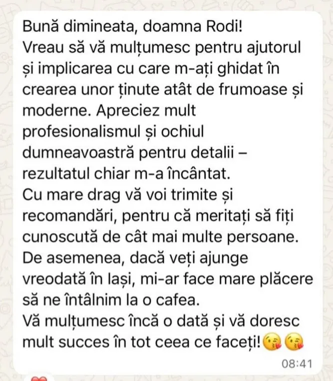 Mesaj de mulțumire de la o clientă Rodi.Ro despre stilizarea ținutelor