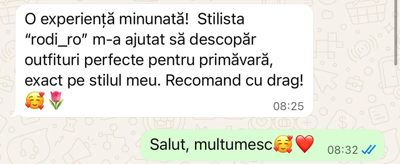 Mesaj WhatsApp de la o clientă mulțumită despre experiența cu Rodi.Ro